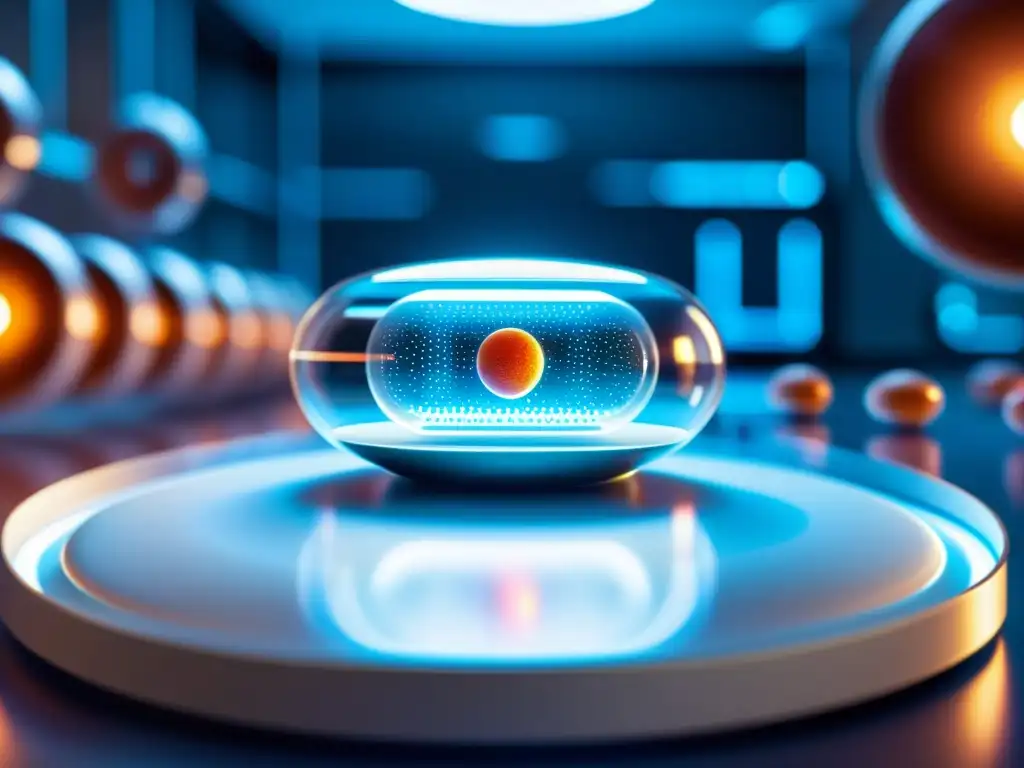 Innovación inmunomoduladora: cápsula futurista y células Un avance científico: cápsula futurista con energía pulsante rodeada de células inmunitarias en laboratorio de investigación médica de vanguardia