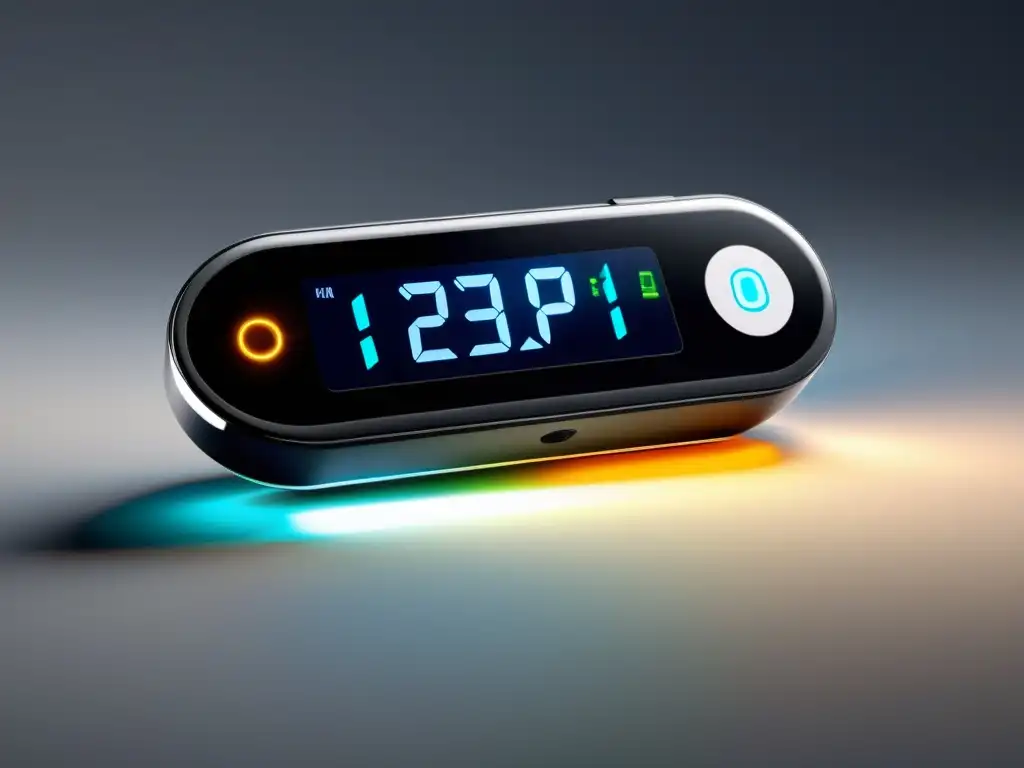 Monitor de diabetes ultradetallado: diseño innovador y conectividad móvil Avance tecnológico en monitoreo de diabetes tipo 1: dispositivo moderno con pantalla táctil, sensor avanzado y conectividad móvil