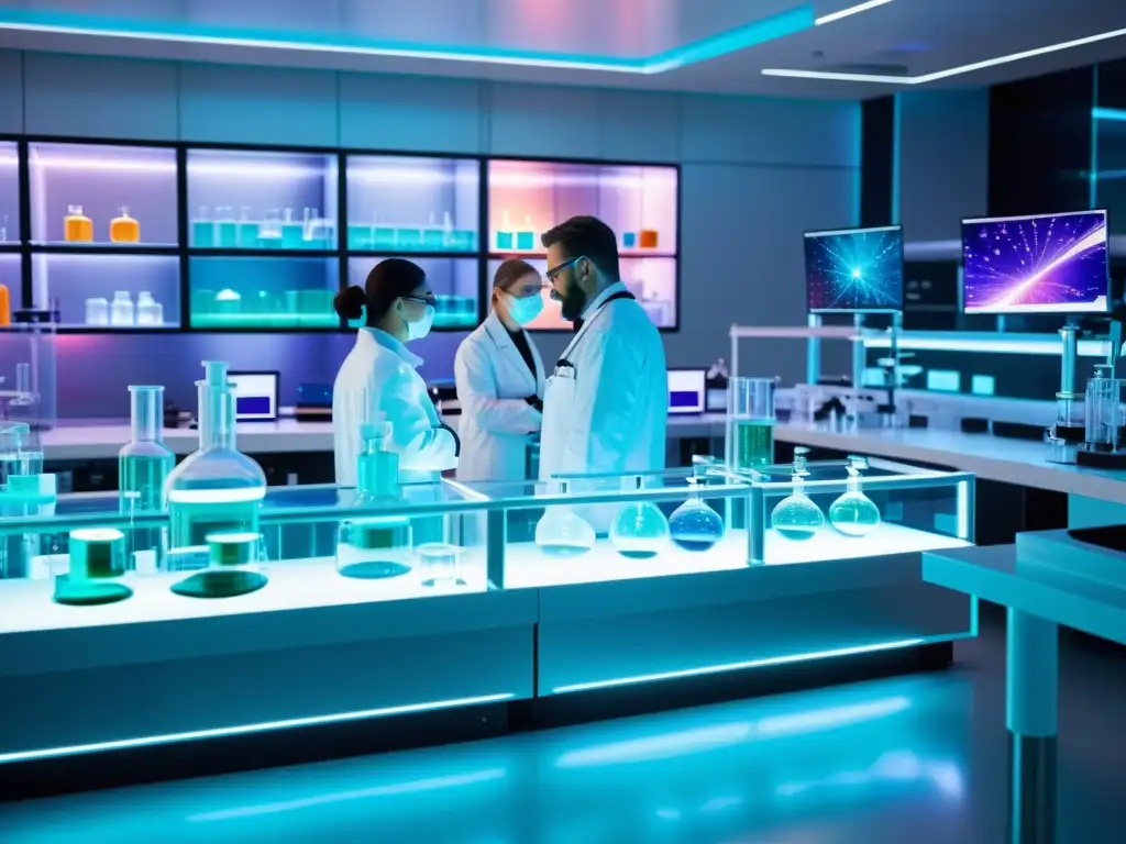 Avanzada investigación de anticuerpos monoclonales en laboratorio futurista Avances científicos: científicos en bata blanca trabajan con equipamiento futurista y anticuerpos monoclonales en un laboratorio moderno y estéril