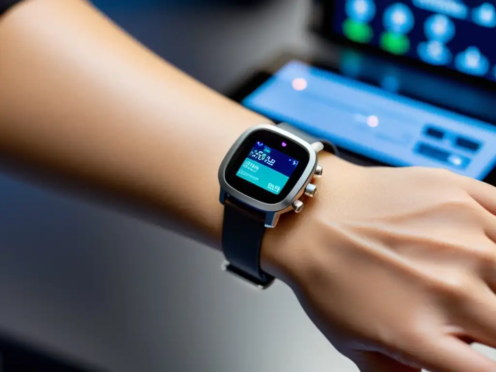 Dispositivo de detección de patógenos en tiempo real en laboratorio Avances en sensores wearables detección patógenos: dispositivo moderno muestra datos de detección de patógenos en laboratorio futurista