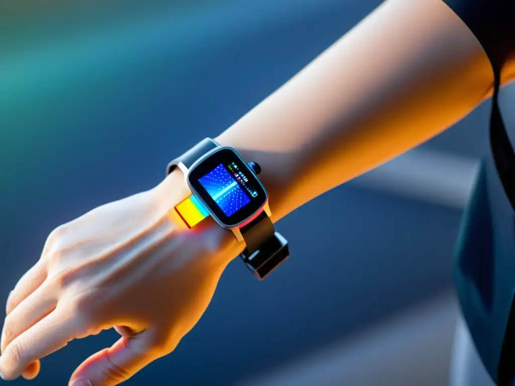 Sensor de salud futurista integrado en la piel Avances en sensores wearables: dispositivo futurista integrado a la piel muestra datos de detección de patógenos con visualizaciones dinámicas y diseño moderno