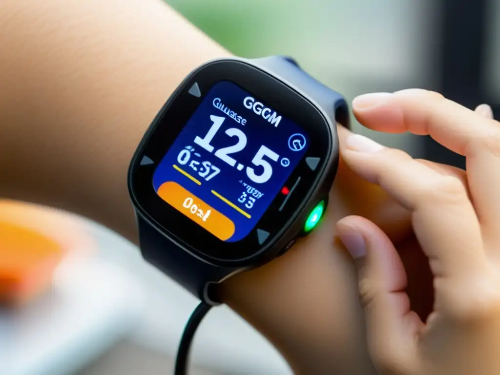 Monitor de glucosa continuo: tecnología innovadora Avances tecnológicos en monitoreo diabetes tipo 1: Imagen detallada de un dispositivo CGM de última generación mostrando su diseño elegante y tecnología avanzada, con la app visualizando niveles de glucosa en tiempo real