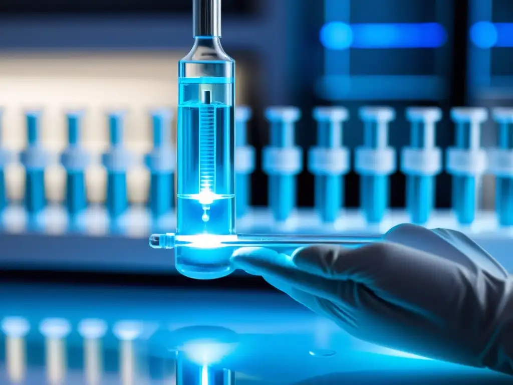Avanzada jeringa médica transparente con nanobots Avances en vacunas para el cáncer y fortalecimiento del sistema inmunológico mediante tecnología médica futurista