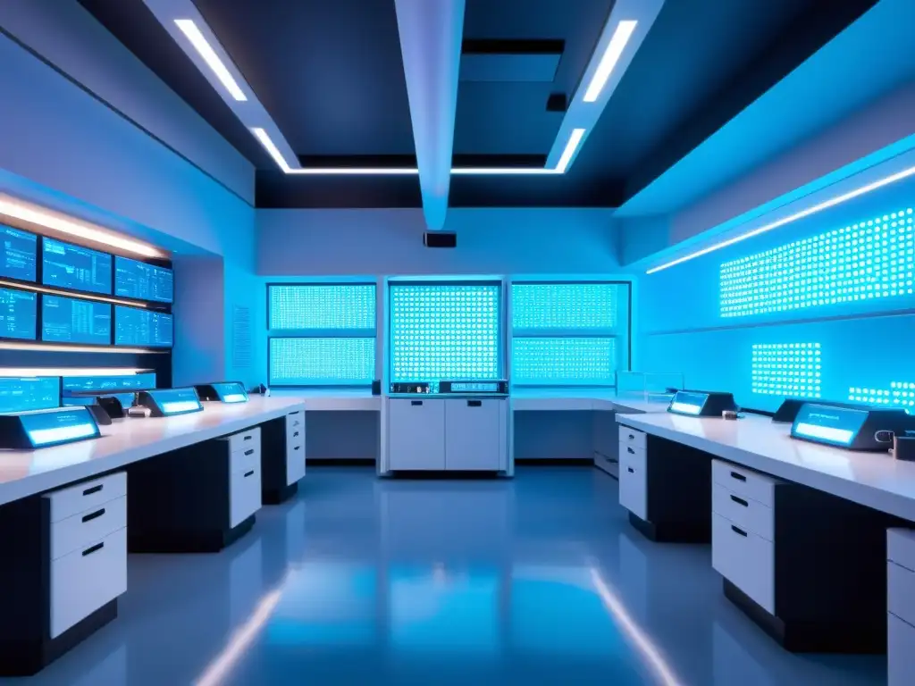 Avanzada manipulación genética en laboratorio futurista Avanzada edición genética en inmunoterapia: laboratorio futurista con científicos manipulando células bioluminiscentes y tecnología holográfica