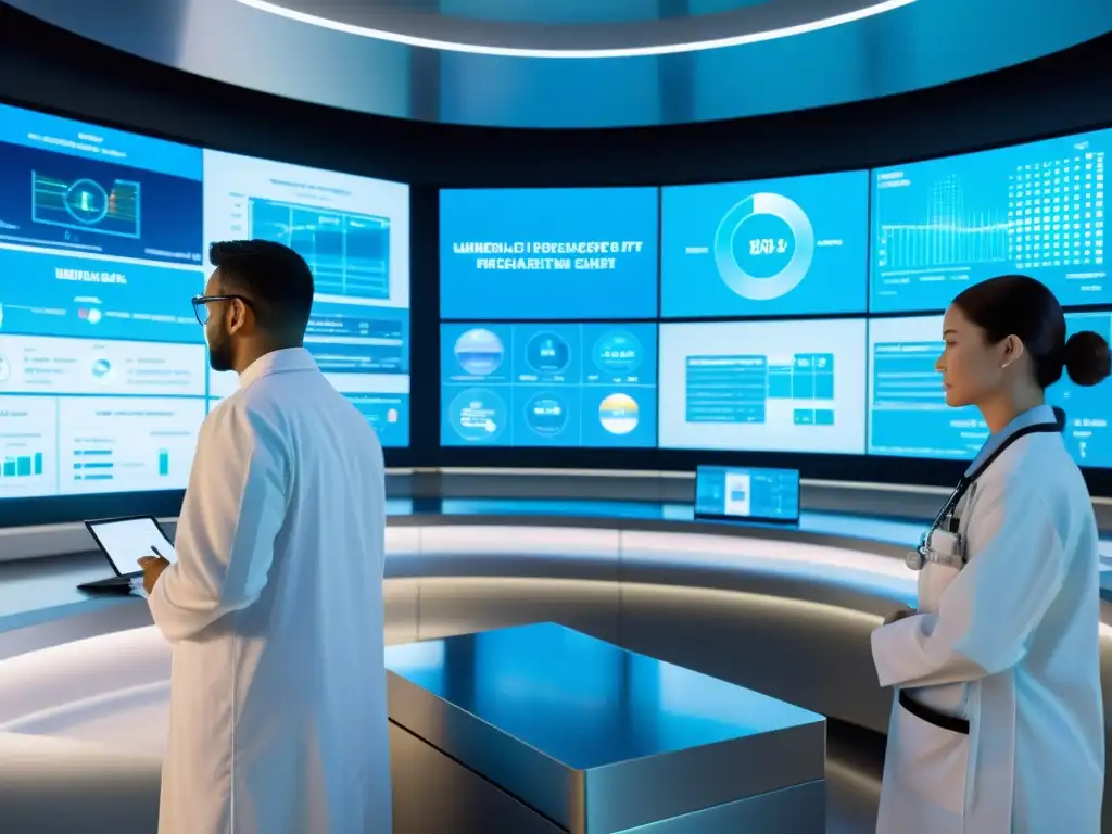 Centro médico futurista: Avances en inmunología Avanzada instalación médica futurista con tecnología inmunológica y profesionales de la salud, proyectando esperanza