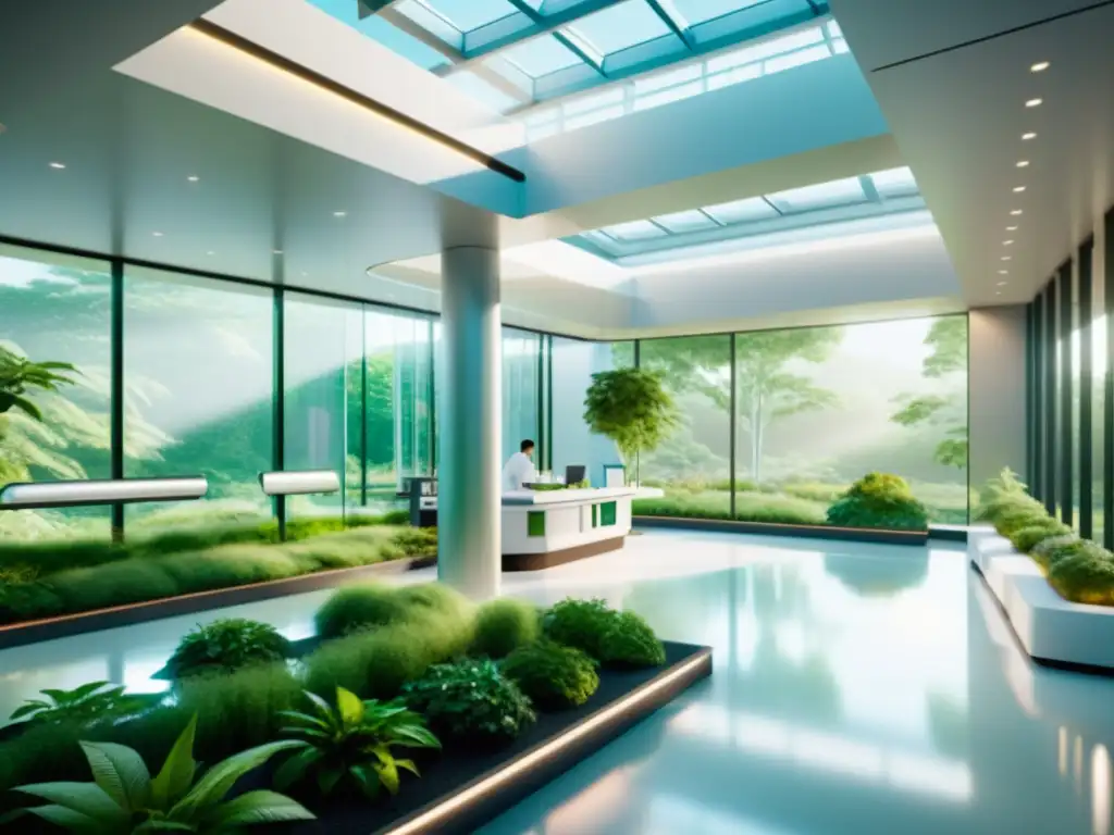 Avanzada instalación médica fusiona tecnología y naturaleza Avanzada instalación médica futurista con tecnología integrada y armonía natural, promoviendo la esperanza en terapia génica en sistema inmunológico