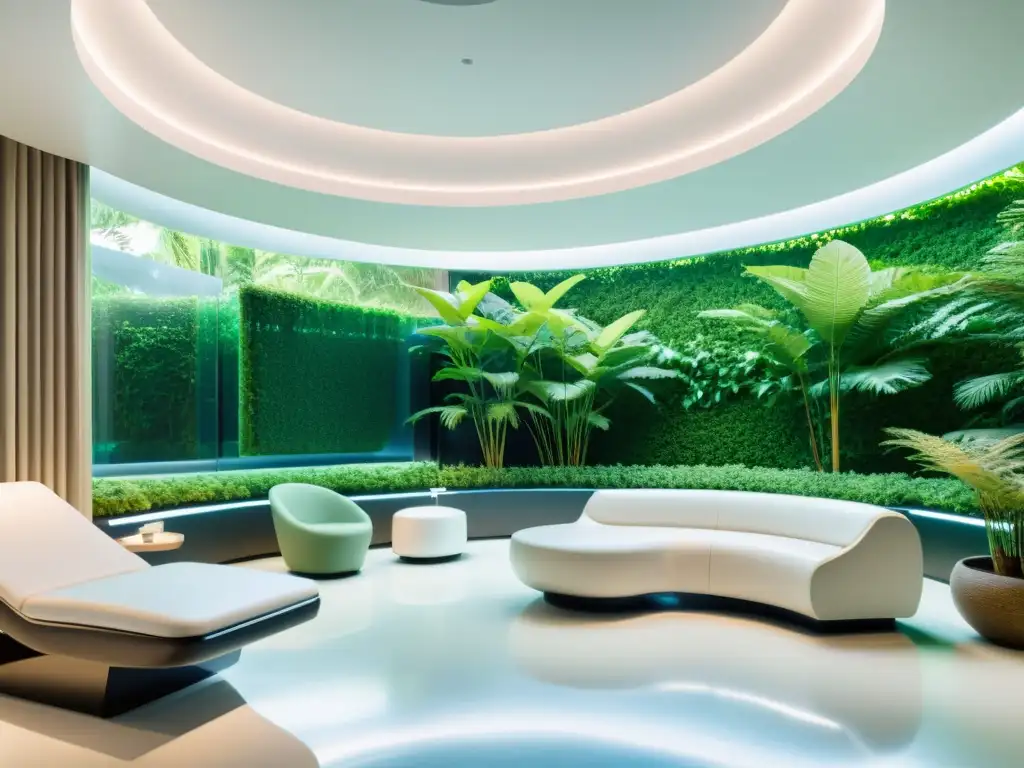 Centro médico futurista: inmunoterapia avanzada en entorno sereno Avanzada instalación médica con tecnología de vanguardia, terapia inmunológica en entorno sereno y seguro, rodeado de naturaleza exuberante