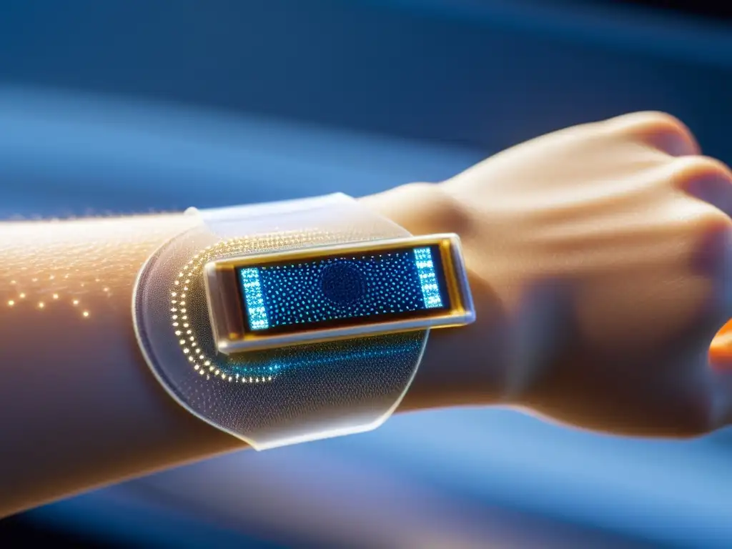 Patch de Inmunidad Integrado en la Piel: Tecnología Avanzada Una avanzada nanotecnología para fortalecer el sistema inmunológico, integrada perfectamente en la piel, con intrincados patrones de luz