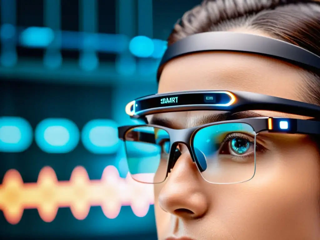 Smart Glasses: Visualización inmersiva del sistema inmune Avanzadas gafas inteligentes muestran visualizaciones de datos del sistema inmune en un entorno médico futurista