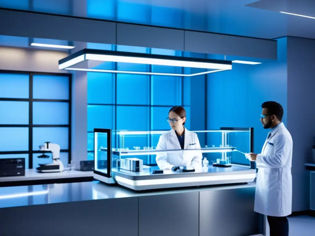 Instalación médica futurista: científicos trabajando en edición genética En un avanzado centro médico, científicos trabajan en una máquina de edición genética, rodeados de tecnología futurista