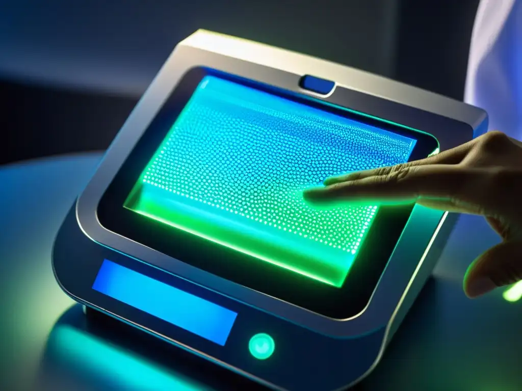 Avanzado dispositivo médico futurista analizando muestra de sangre, resaltando detección deficiencias sistema inmunológico