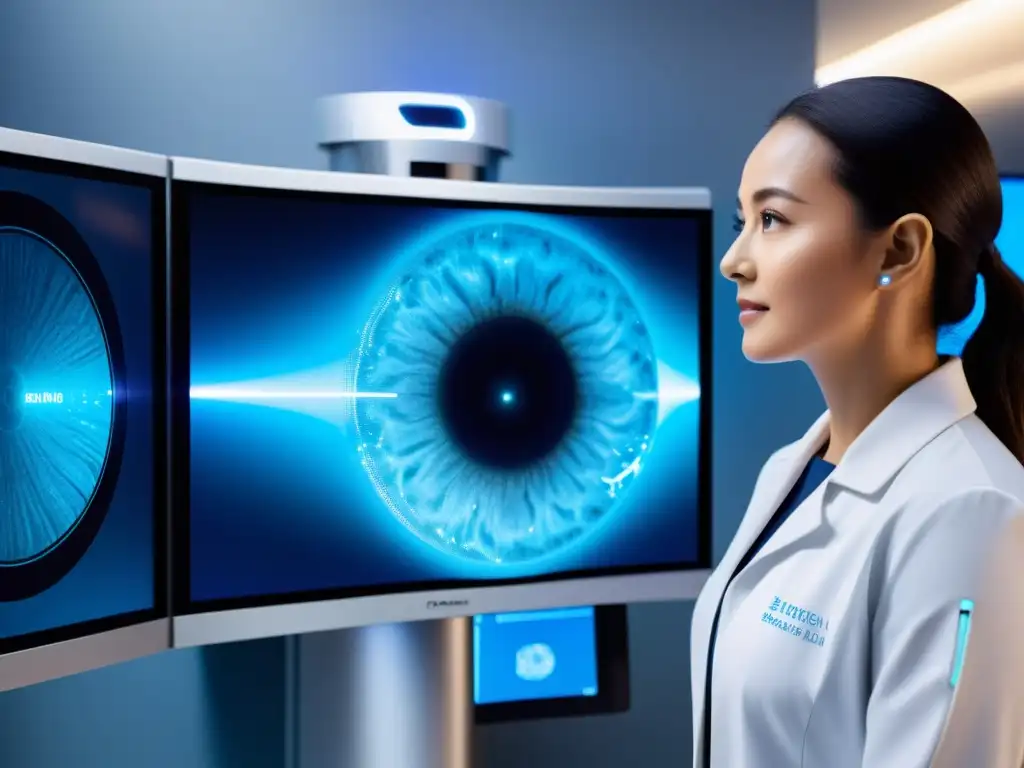 Avanzada tecnología de escaneo retinal en instalación médica futurista Avanzado escáner retinal en instalación médica futurista, personal analiza datos para detección precoz enfermedades autoinmunes