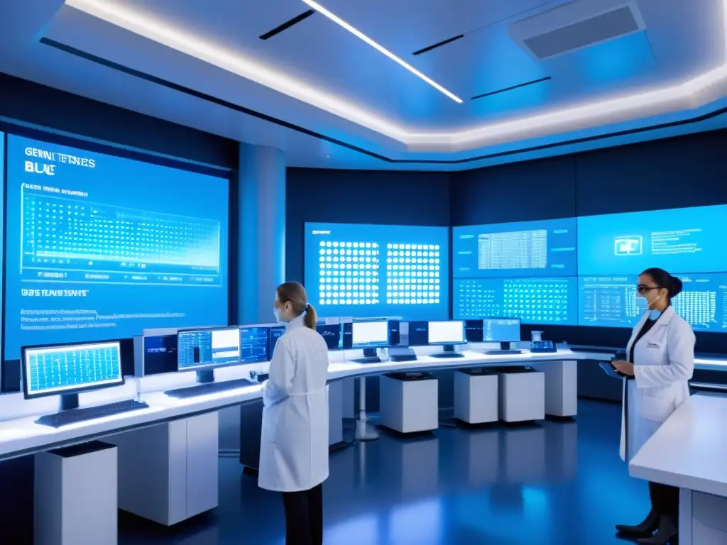 Avanzada investigación genética en laboratorio futurista Avanzado laboratorio futurista con científicos en batas blancas realizando terapia génica para fortalecer sistema inmune, rodeados de equipos avanzados y pantallas brillantes mostrando secuencias genéticas y datos