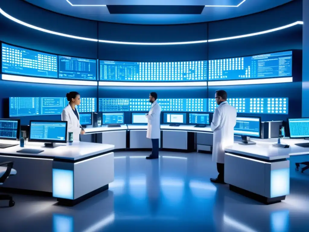 Análisis genético de vanguardia en laboratorio futurista Avanzado laboratorio futurista con científicos analizando datos genéticos en pantallas, equipo médico y ADN en segundo plano, evocando la genómica personalizada para el tratamiento de enfermedades autoinmunes