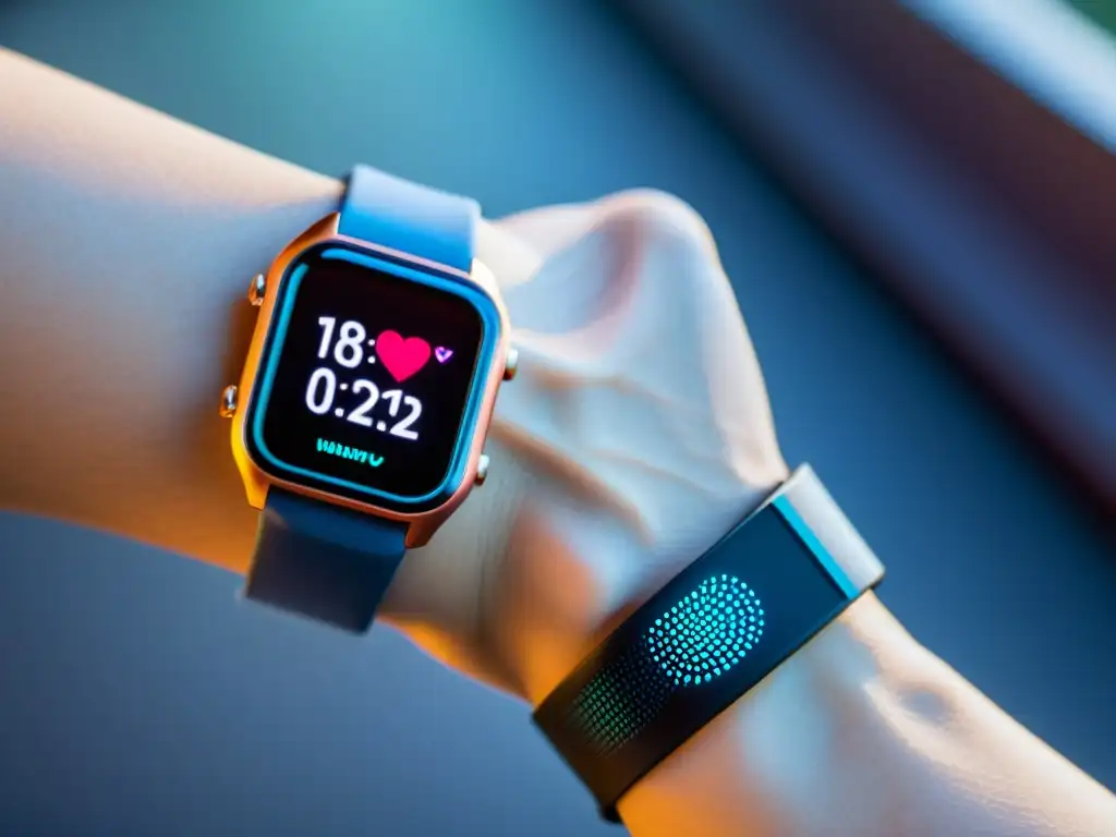 Monitor de salud de alta tecnología: seguimiento preciso en tiempo real Un avanzado monitor de actividad física en la muñeca, mostrando datos vitales y gráficos dinámicos