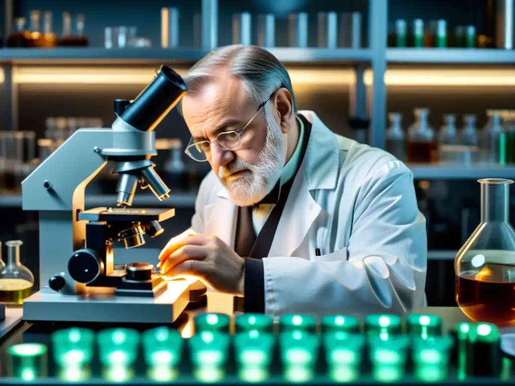 Louis Pasteur: Descubriendo el Microcosmos Louis Pasteur observa bacterias en su laboratorio, reflejando avances en vacunación del sistema inmunológico