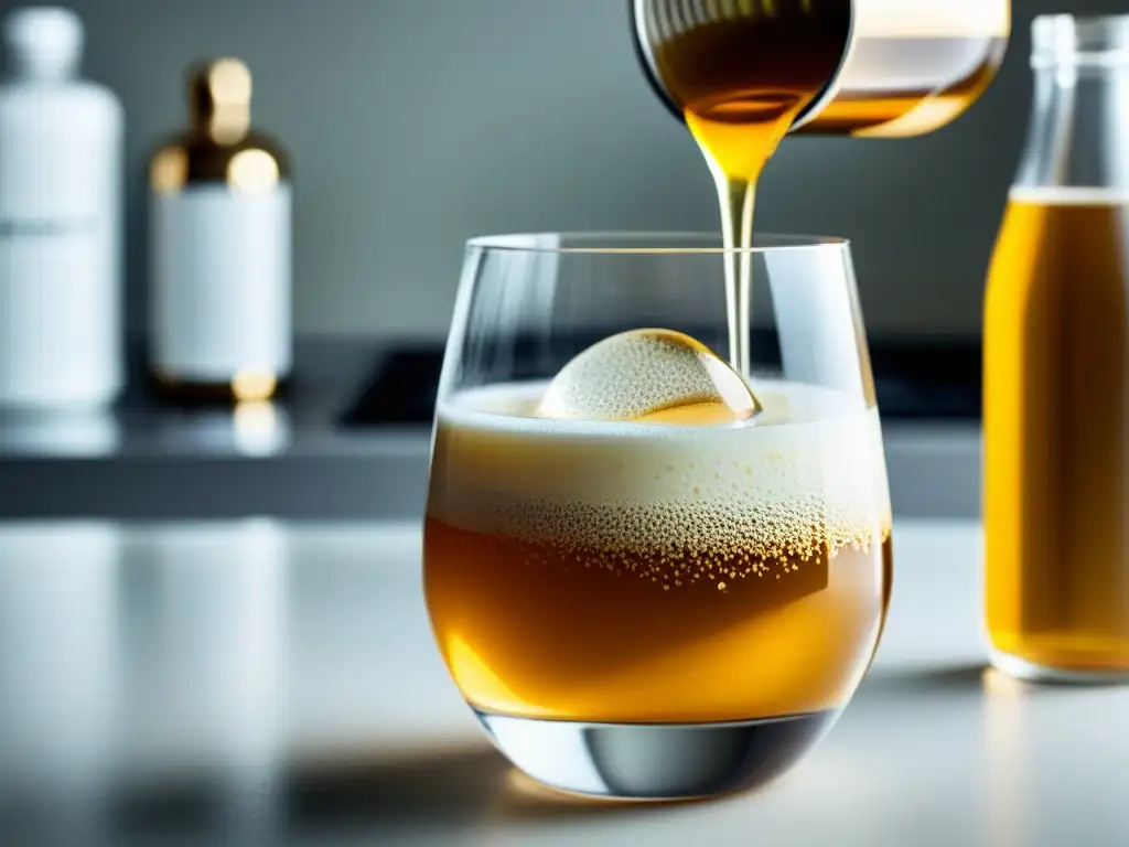 Bebida prebiótica dorada en vaso transparente en cocina moderna Una bebida dorada y espumosa de inulina y oligofructosa con beneficios inmunológicos, en un entorno de cocina moderna y saludable