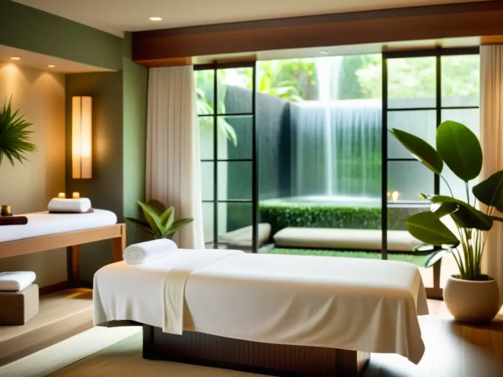 Espacio de spa moderno y sereno con vistas a jardín exuberante Belleza serena de un spa moderno con luz suave