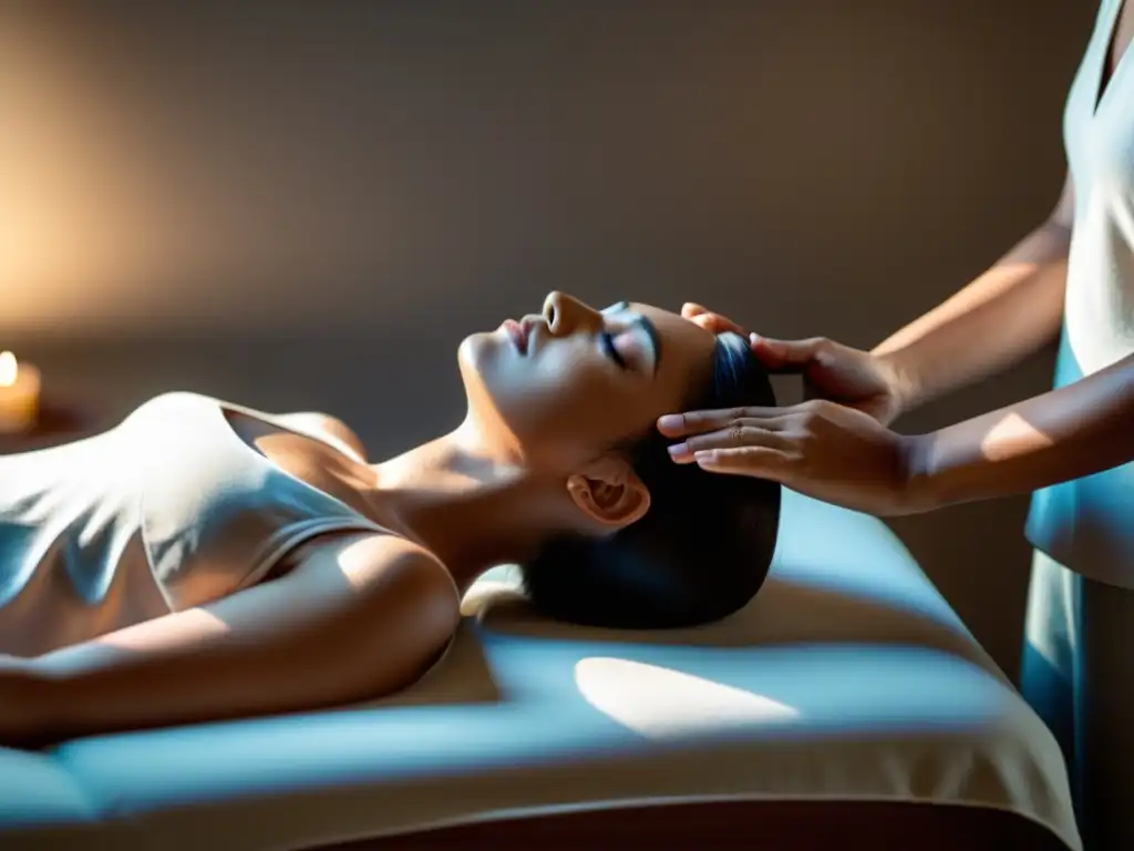 Sanación y calma: Sesión de Reiki en un ambiente sereno Beneficios del Reiki en inmunidad: Persona recibiendo tratamiento Reiki en ambiente sereno y sanador, con luz suave y calma