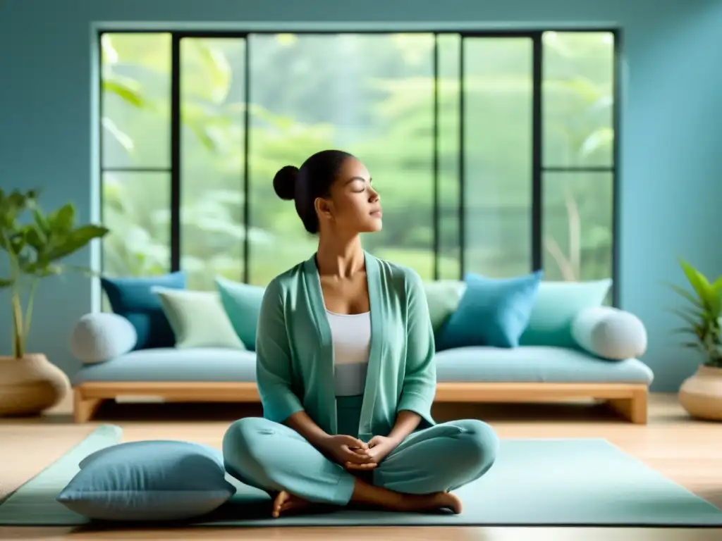 Espacio de meditación sereno en sala moderna Beneficios de mindfulness para sistema inmunológico: Sala moderna con luz natural