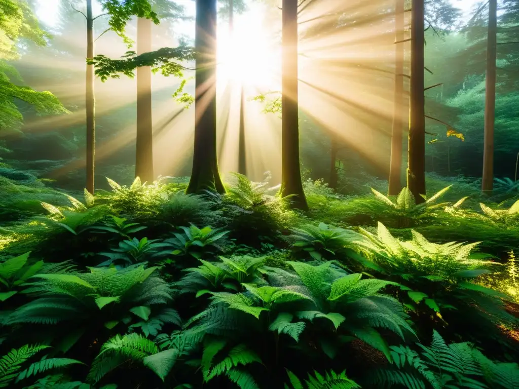 Bosque exuberante bañado por la luz dorada del atardecer Un bosque exuberante bañado en la cálida luz del atardecer, con una diversidad de plantas