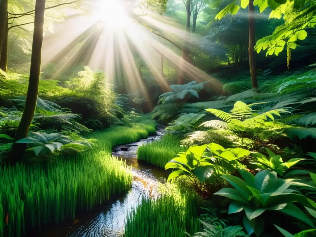 Bosque exuberante: biodiversidad y belleza natural Un bosque exuberante y diverso, con luz solar filtrándose a través del dosel y un arroyo serpenteante