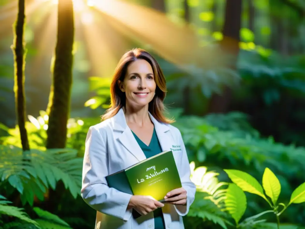La Solución Autoinmune: Conexión Natural y Autoridad Amy Myers en un bosque exuberante con su libro 'La Solución Autoinmune'