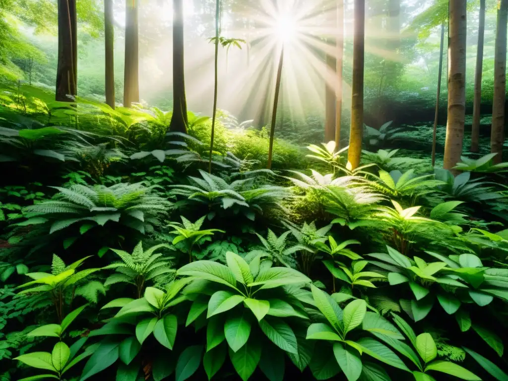 Bosque medicinal exuberante: diversidad y curación natural Un bosque exuberante con plantas medicinales vibrantes, organizadas y etiquetadas con propiedades curativas