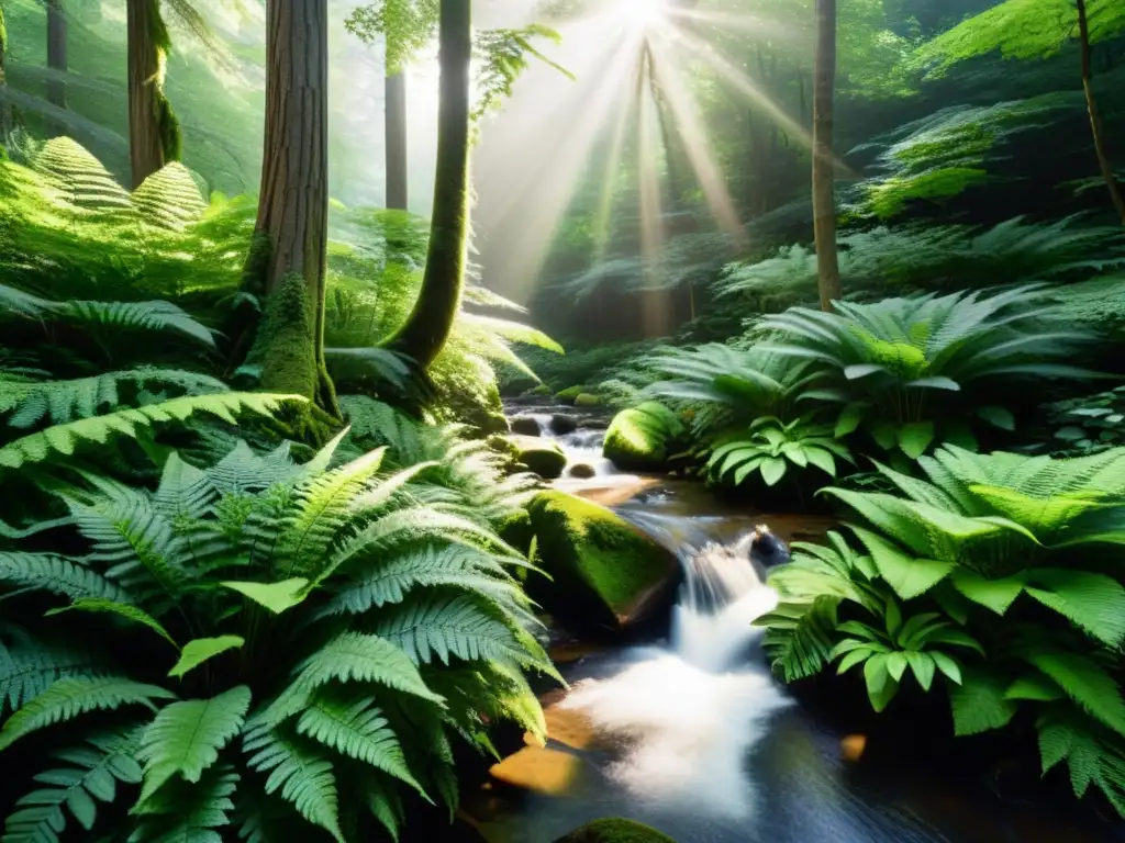Bosque exuberante: árboles altos, helechos verdes y arroyo Un bosque exuberante y verde con árboles majestuosos, helechos vibrantes y un arroyo serpenteante