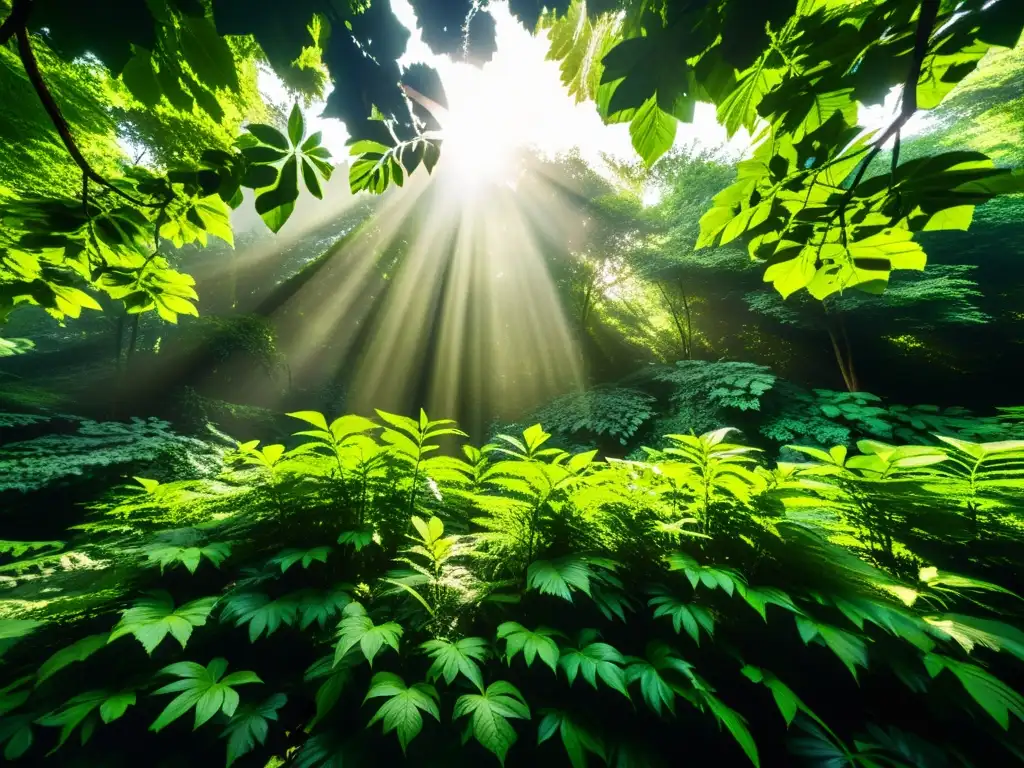 Bosque exuberante: detalle y belleza natural Un bosque exuberante y verde con luz solar filtrándose a través del dosel