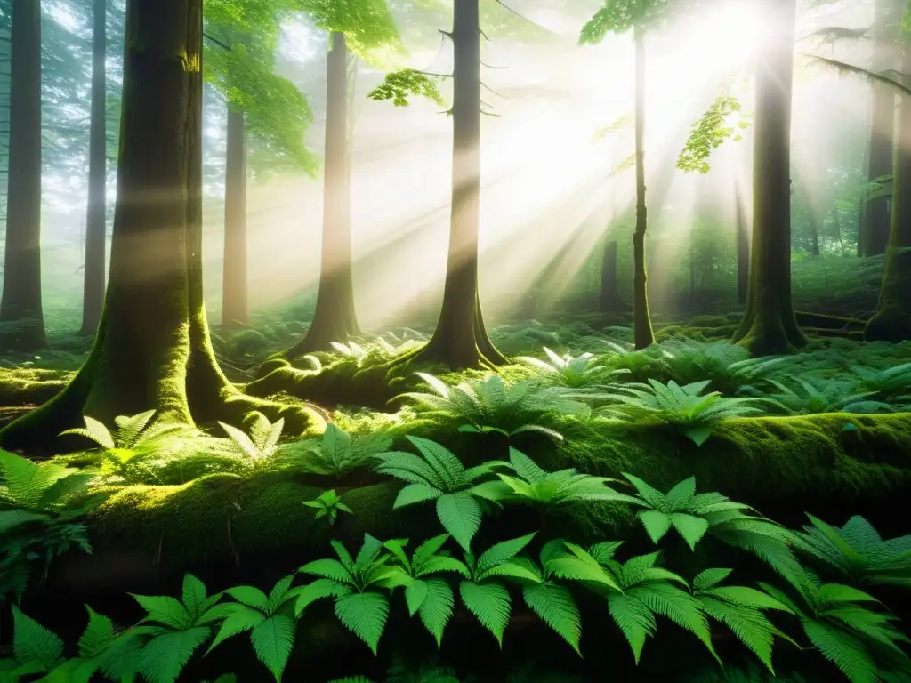Bosque exuberante: luz, vida y belleza natural Un bosque exuberante y vibrante con luz solar filtrándose entre los árboles, mostrando el poder curativo de la naturaleza en el sistema inmunológico