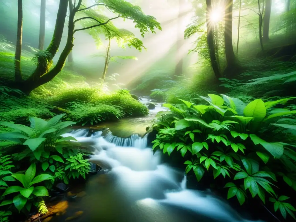 Un bosque sereno envuelto en neblina con hojas verdes y gotas de agua