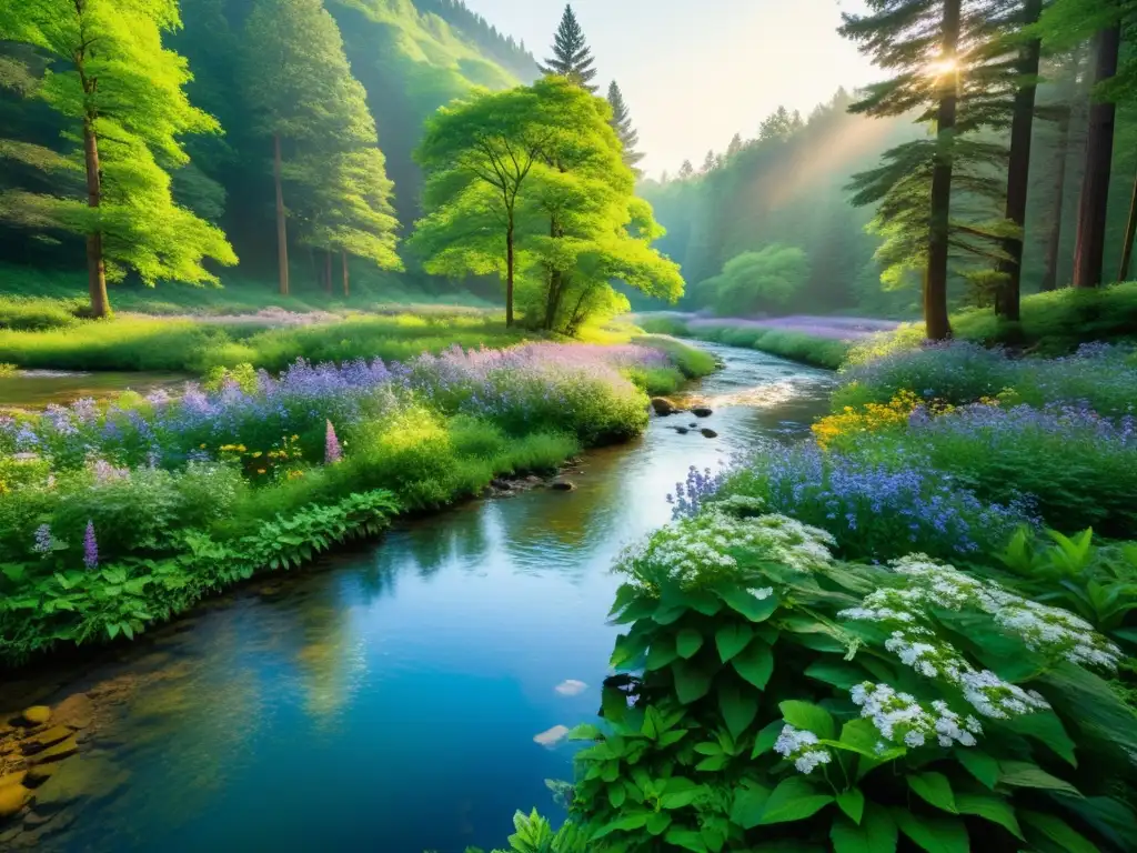 Un bosque sereno y exuberante, con árboles altos y frondosos, arropado por la luz del sol