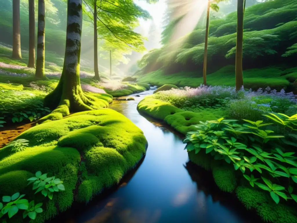 Bosque sereno: conexión natural y paz interior Un bosque sereno con luz solar filtrándose a través del dosel, reflejando en un arroyo