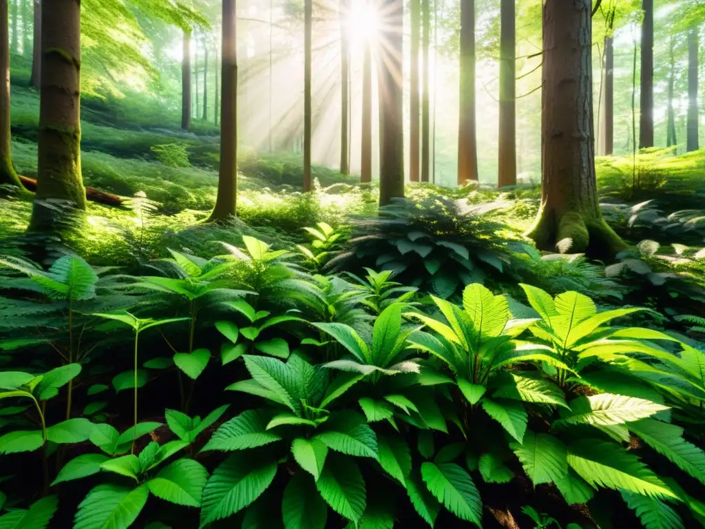 Bosque verde exuberante: luz solar entre follaje Un bosque vibrante y exuberante, con luz solar filtrándose entre el follaje denso, creando sombras moteadas en el suelo