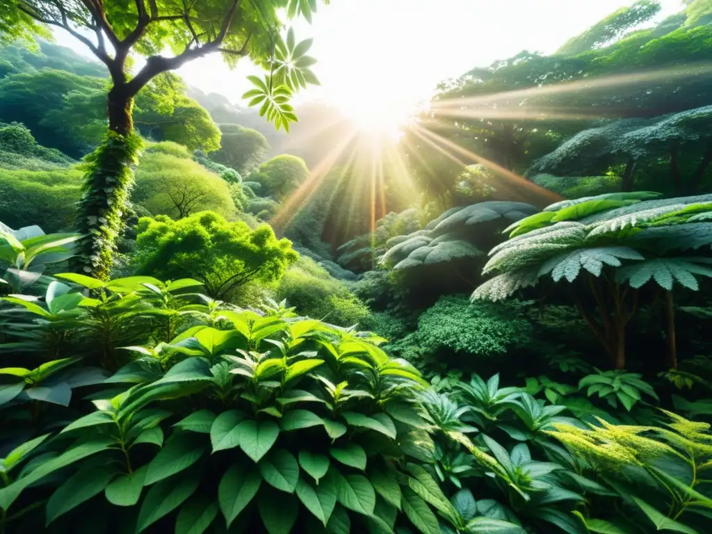 Herbazales vibrantes: adaptógenos en la naturaleza Un bosque vibrante y verde con adaptógenos como ashwagandha y albahaca iluminados por el sol