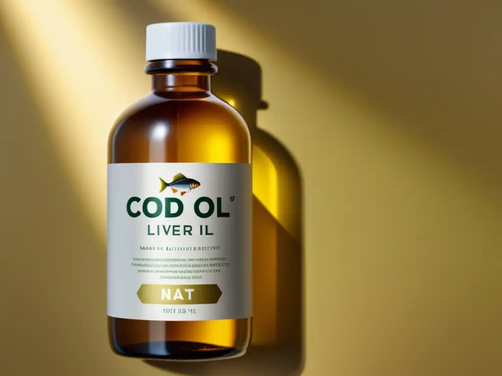 Aceite de hígado de bacalao: luz dorada y natural Botella de aceite de hígado de bacalao con beneficios, bañada por la luz dorada, en un entorno natural y minimalista