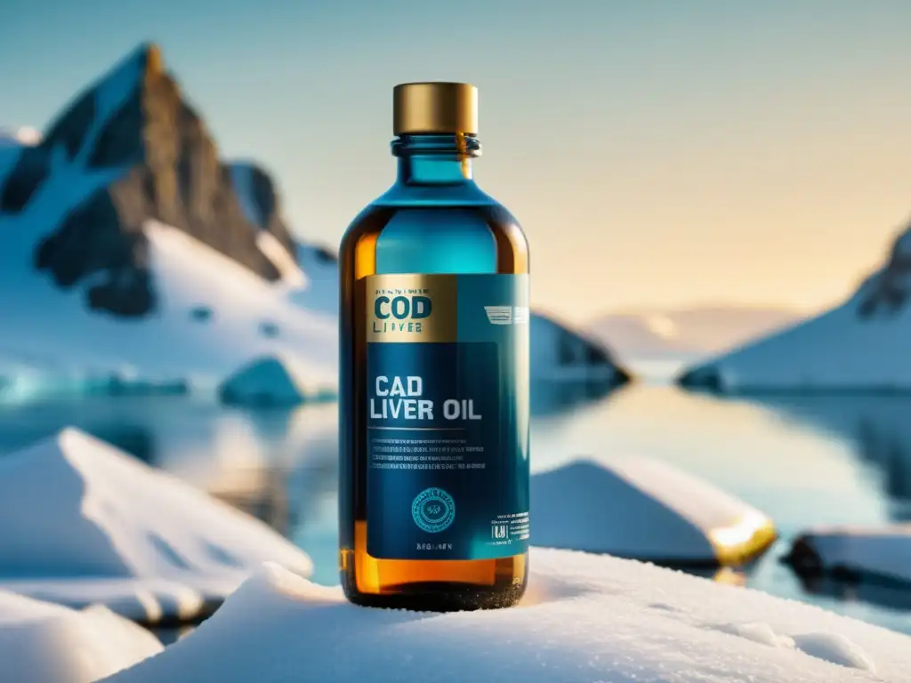 Botella de aceite de hígado de bacalao en paisaje nórdico Botella de aceite de hígado de bacalao con diseño elegante en paisaje nórdico helado, evocando beneficios naturales y pureza