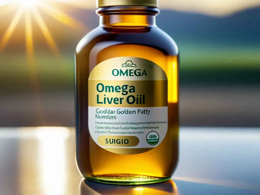 Botella de aceite de hígado de bacalao: oro líquido para tu salud Botella de aceite de hígado de bacalao dorado resplandeciendo al sol, con beneficios nutricionales destacados en un laboratorio moderno