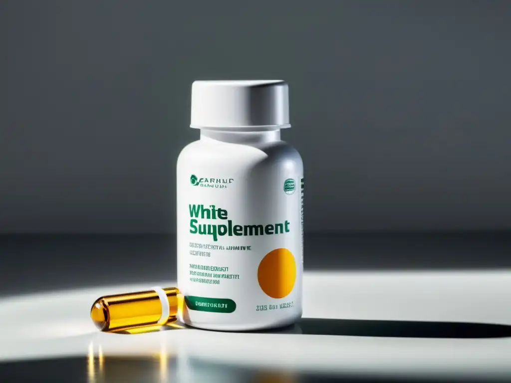 Suplemento inmune líquido y cápsula de alta calidad Botella blanca de suplemento inmunológico líquido al lado de cápsula transparente de ingredientes potentes, en ambiente clínico iluminado