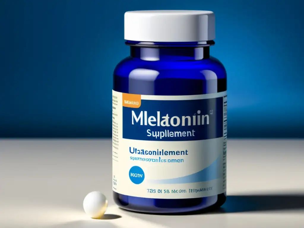 Suplemento de Melatonina: Detalles en Azul y Blanco Una botella detallada de suplemento de melatonina, con etiqueta destacada y lista de ingredientes legible