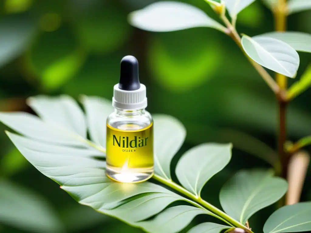 Esencia de vitalidad: Aceite esencial dorado en elegante frasco de vidrio Botella elegante de aceite esencial dorado, rodeada de exuberante vegetación