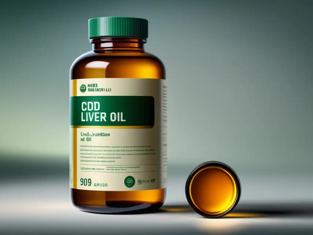 Botella moderna de aceite de hígado de bacalao: dosis e instrucciones Una botella moderna de aceite de hígado de bacalao con diseño informativo y beneficioso, iluminación suave y minimalista