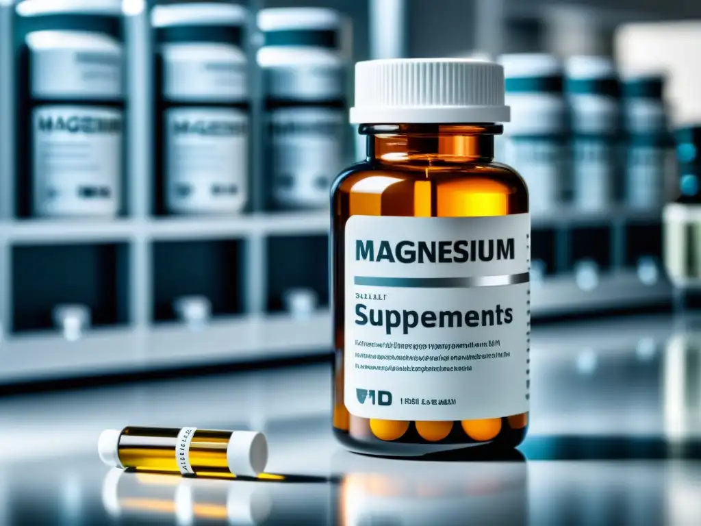 Suplemento de magnesio de alta gama en entorno científico Una botella moderna de suplementos de magnesio destaca entre equipo científico y viales, transmitiendo eficacia y calidad