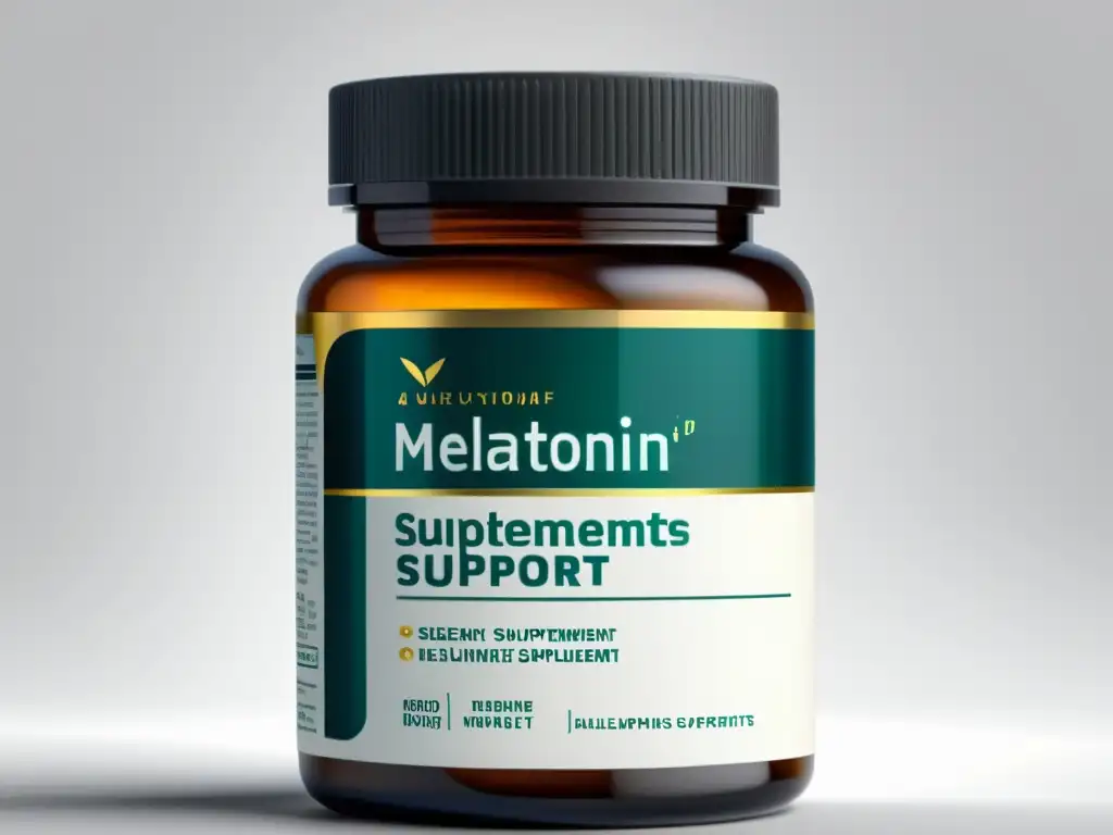 Suplemento de Melatonina para Reforzar el Sistema Inmunológico Botella moderna de suplementos de melatonina, resaltando beneficios para el sistema inmune en etiqueta científica