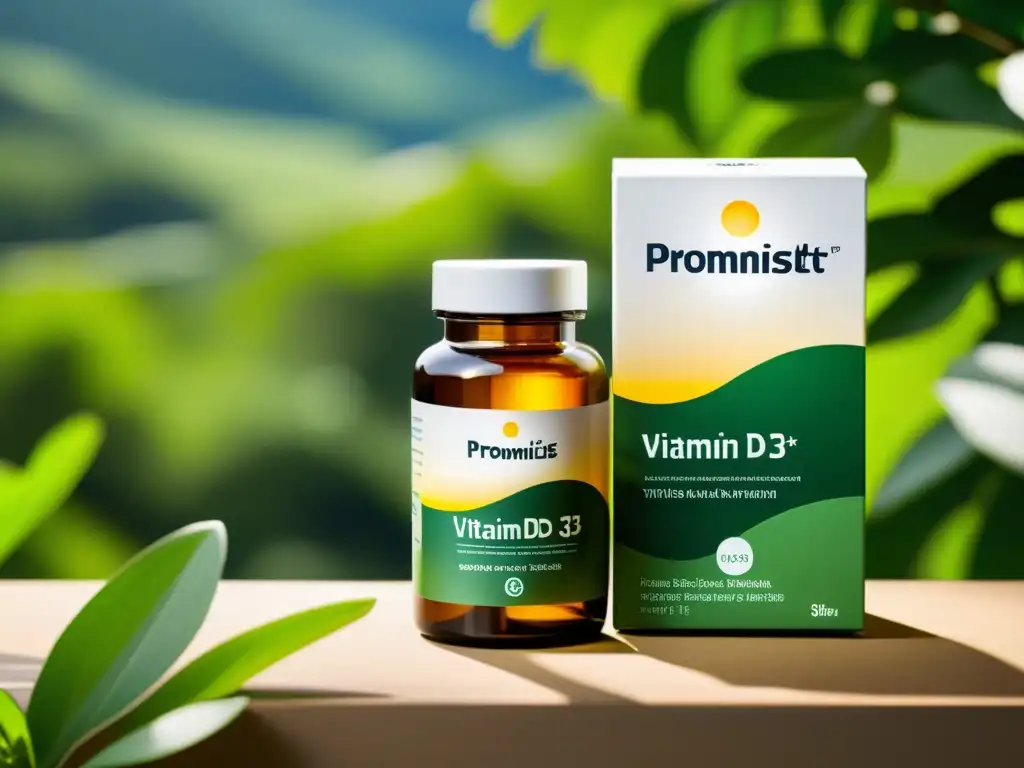 Una botella de suplementos de vitamina D3 de alta calidad, con un diseño minimalista y tipografía limpia