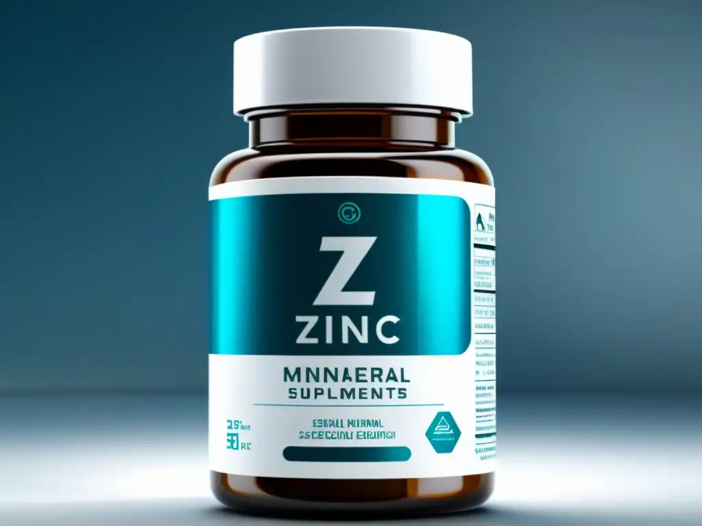 Suplemento de Zinc: Imagen Detallada y Profesional Botella de suplementos de zinc para inmunidad, con diseño moderno y elegante, en un entorno de laboratorio científico