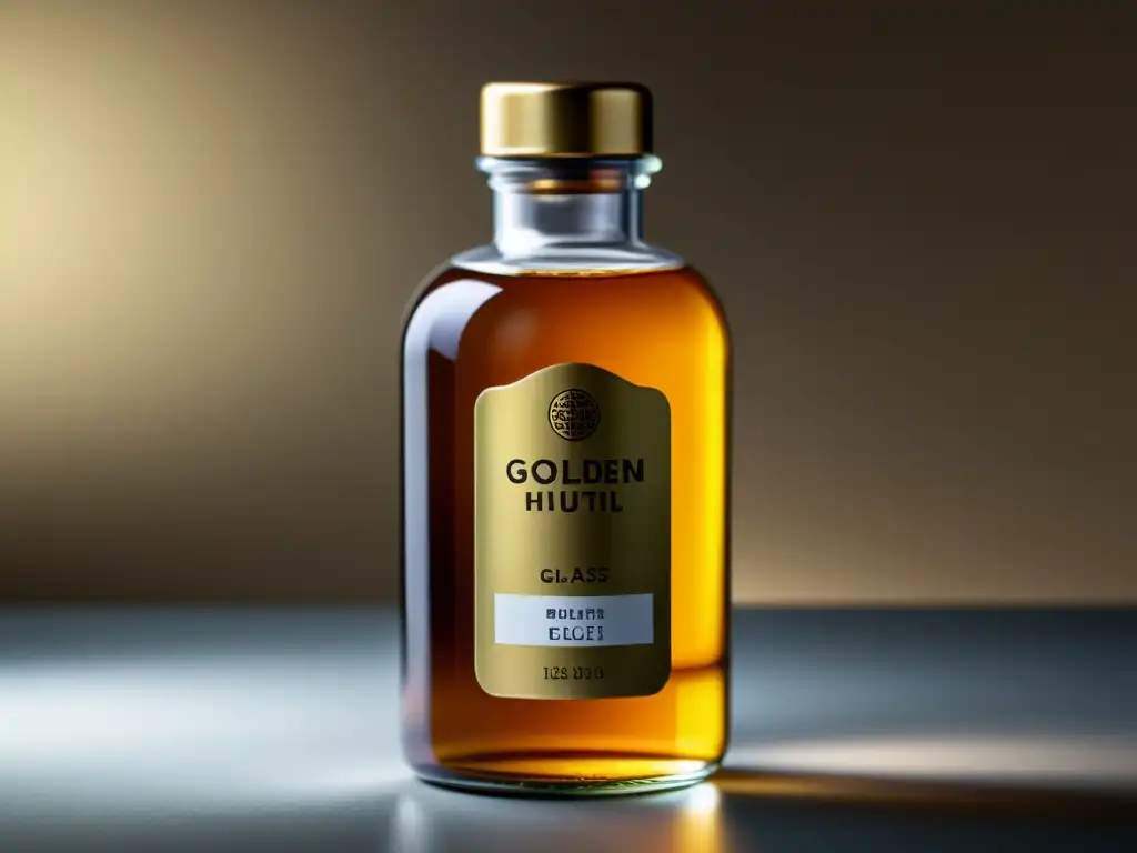 Botella de vidrio elegante con líquido dorado vibrante Botella de vidrio moderna con líquido dorado, resaltando lujo y calidad