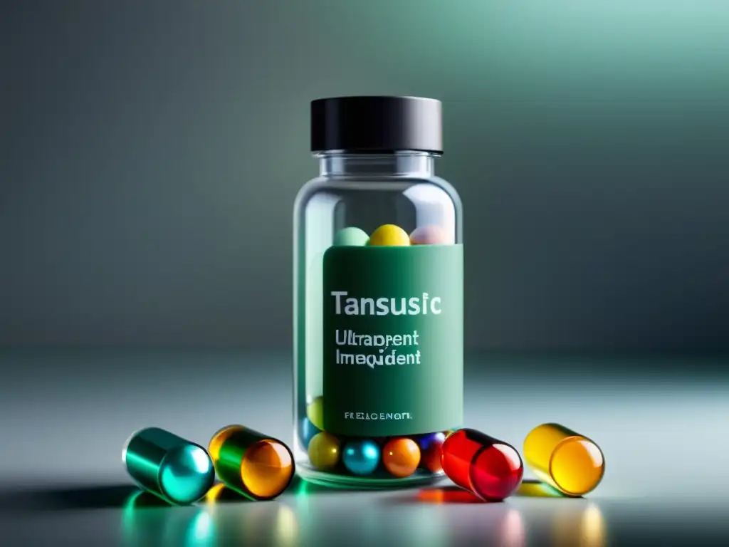 Botella transparente con cápsulas de ingredientes inmunoestimulantes Botella de vidrio transparente con cápsulas coloridas, emitiendo una sensación de pureza y eficacia