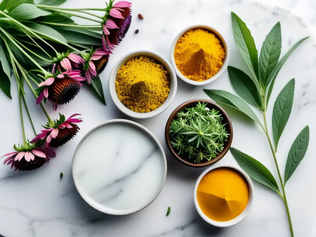 Herbalismo antiviral: Echinacea, saúco, jengibre y cúrcuma en mármol blanco Un bouquet de hierbas antivirales para sistema inmunológico sobre tabla de mármol blanco, bañado por suave luz natural